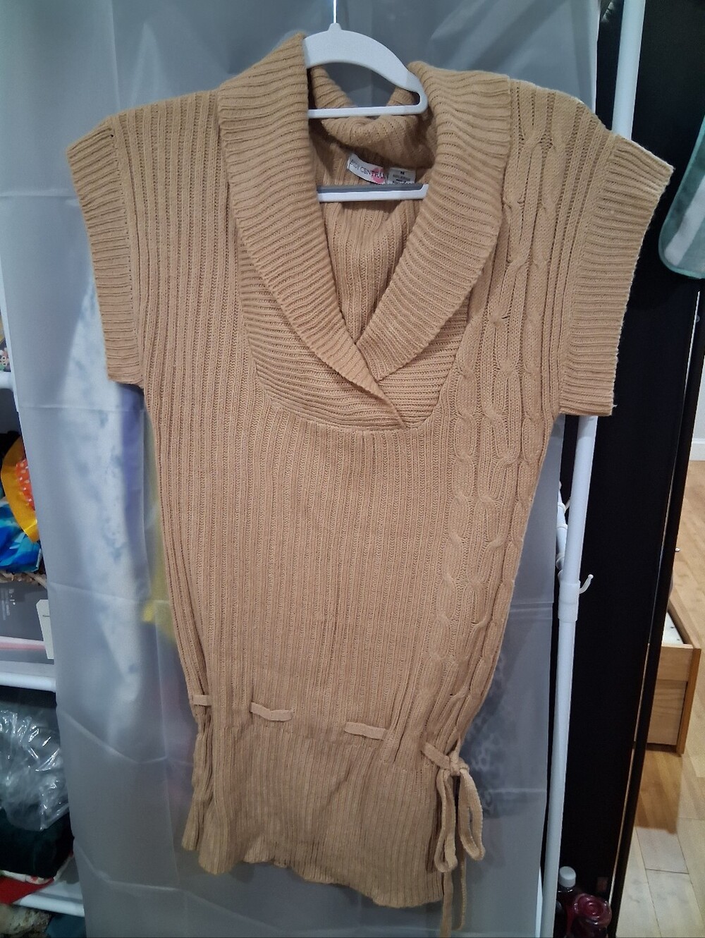 Body Central Camel Ribbed Cowl-Neck Short Sleeve Sweater Dress